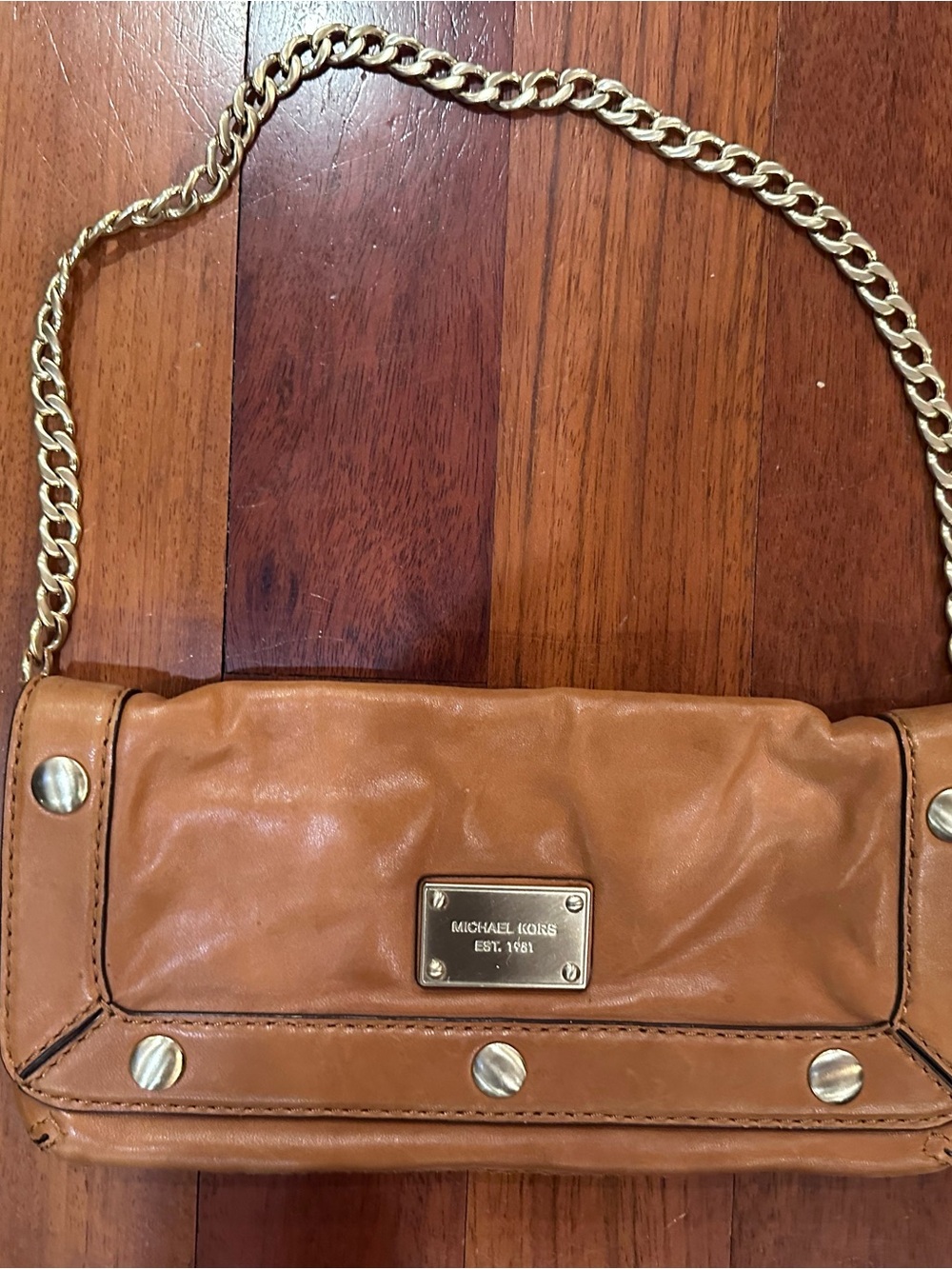 Michael Kors Cognac Leather Clutch with Gold Chain